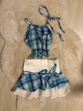 Girls Blue Plaid Tie-Strap Skirt Set - Age 6